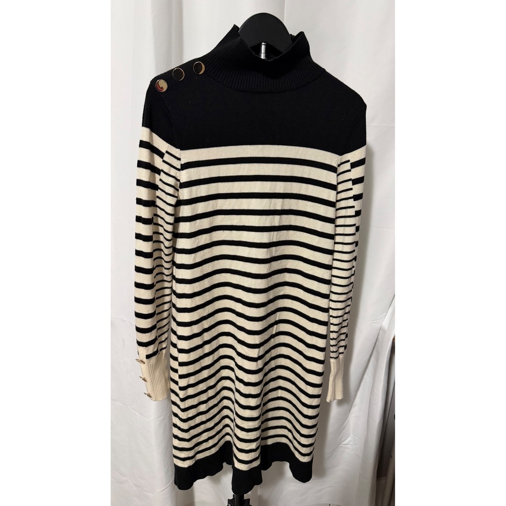 Eliza J Black Ivory Striped Turtleneck Sweater Dress Gold Buttons Size S
